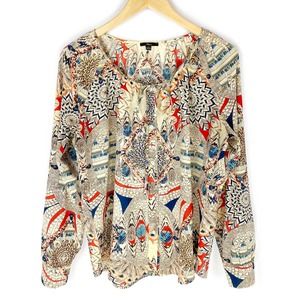 Milano Button Up Blouse Colorful Feather Pattern Tie Neck Long Sleeve Shirt M